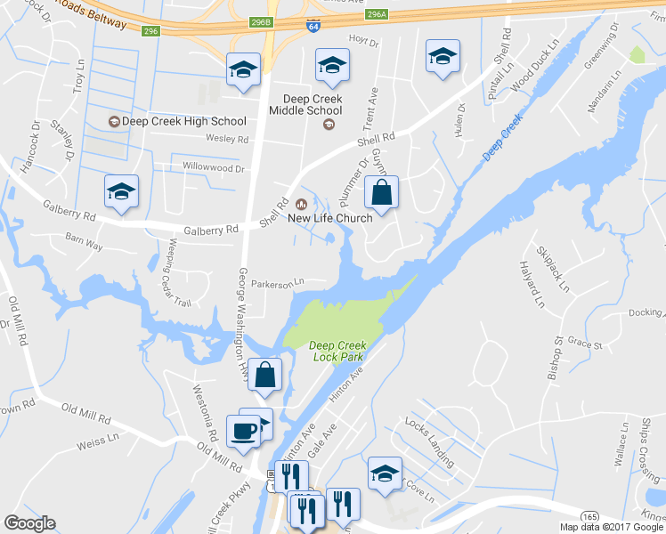 map of restaurants, bars, coffee shops, grocery stores, and more near 4 Parkerson Lane in Chesapeake
