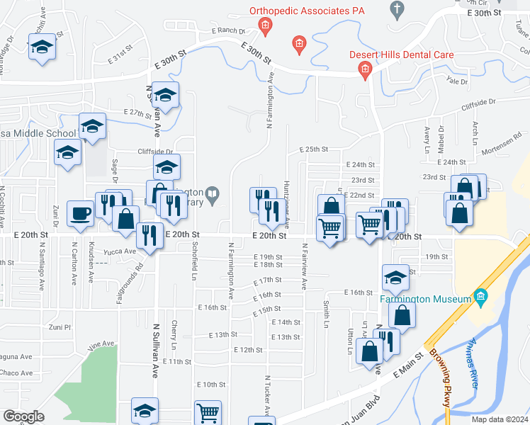 map of restaurants, bars, coffee shops, grocery stores, and more near 2115 North Huntzinger Avenue in Farmington