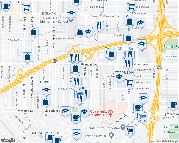 map of restaurants, bars, coffee shops, grocery stores, and more near in Fresno