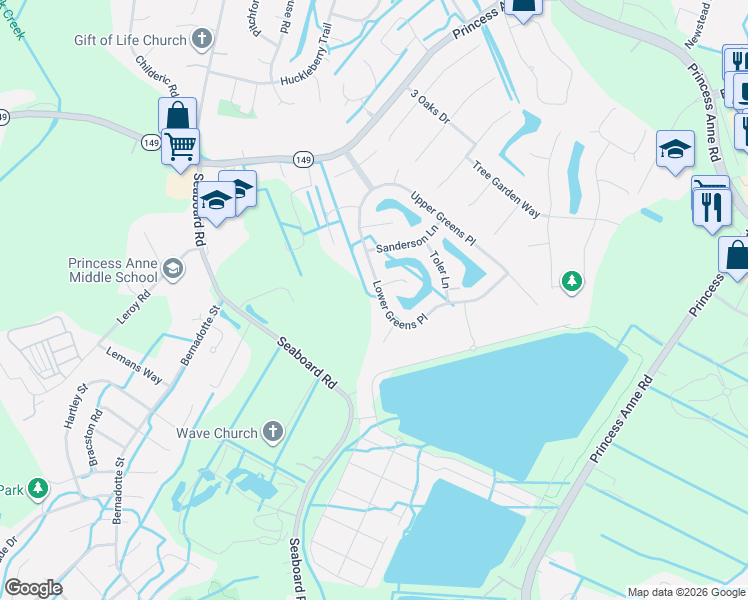 map of restaurants, bars, coffee shops, grocery stores, and more near 2517 Raeford Court in Virginia Beach