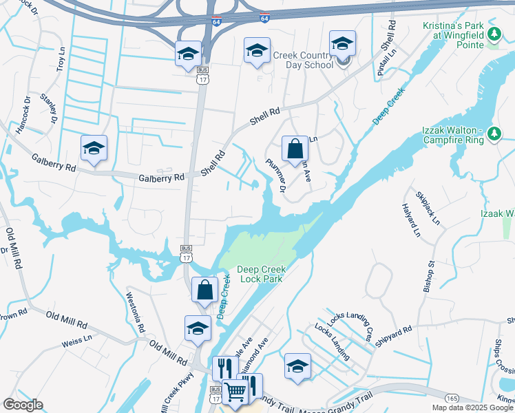 map of restaurants, bars, coffee shops, grocery stores, and more near 4 Parkerson Lane in Chesapeake