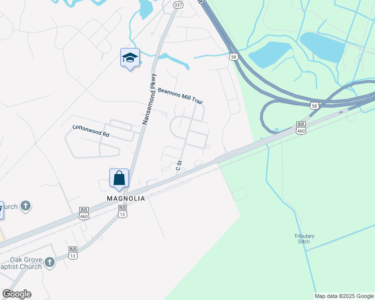 map of restaurants, bars, coffee shops, grocery stores, and more near 204 Magnolia Street in Suffolk