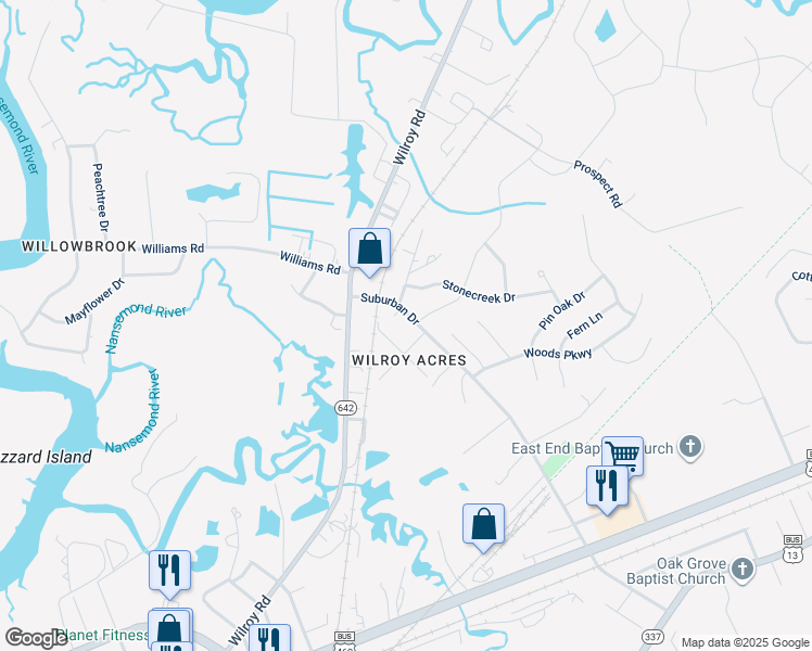 map of restaurants, bars, coffee shops, grocery stores, and more near 321 Suburban Drive in Suffolk
