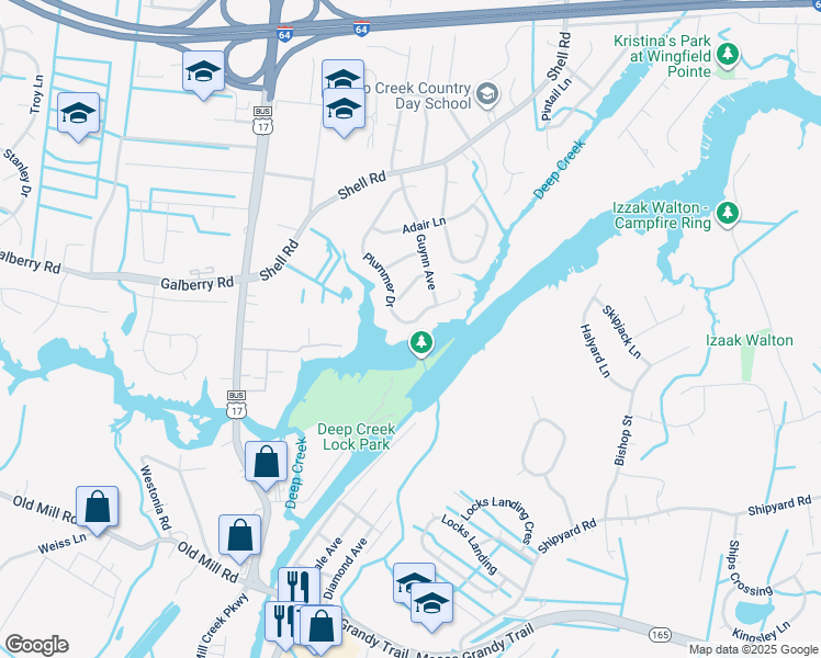 map of restaurants, bars, coffee shops, grocery stores, and more near 420 Plummer Drive in Chesapeake