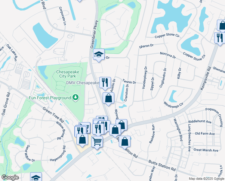 map of restaurants, bars, coffee shops, grocery stores, and more near 1017 Austin Drive in Chesapeake