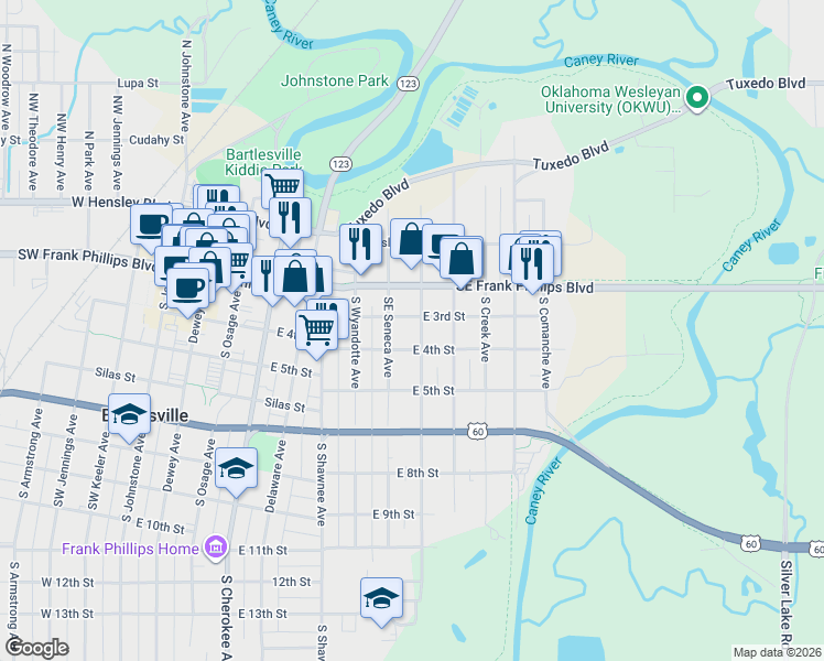 map of restaurants, bars, coffee shops, grocery stores, and more near 706 East 3rd Street in Bartlesville