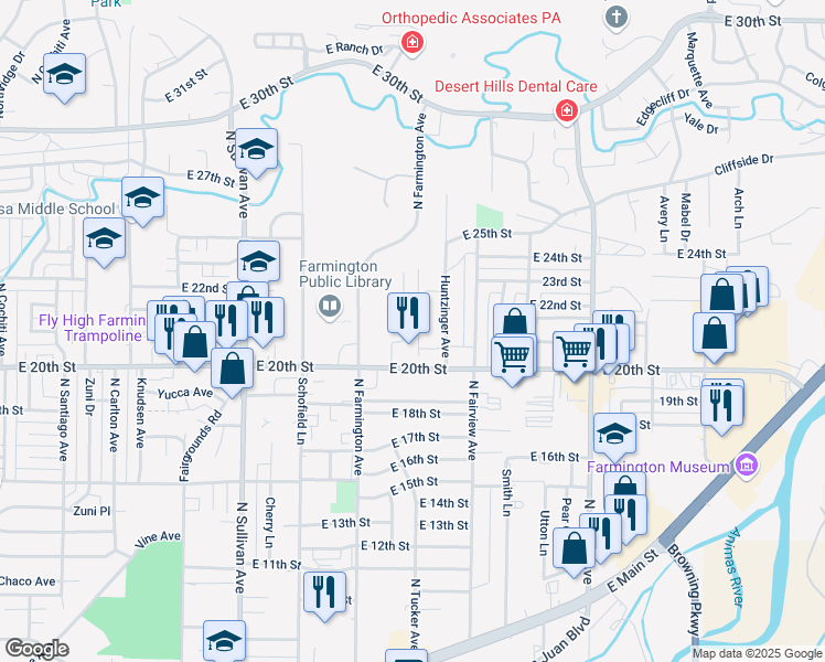 map of restaurants, bars, coffee shops, grocery stores, and more near 2012 North Tucker Avenue in Farmington