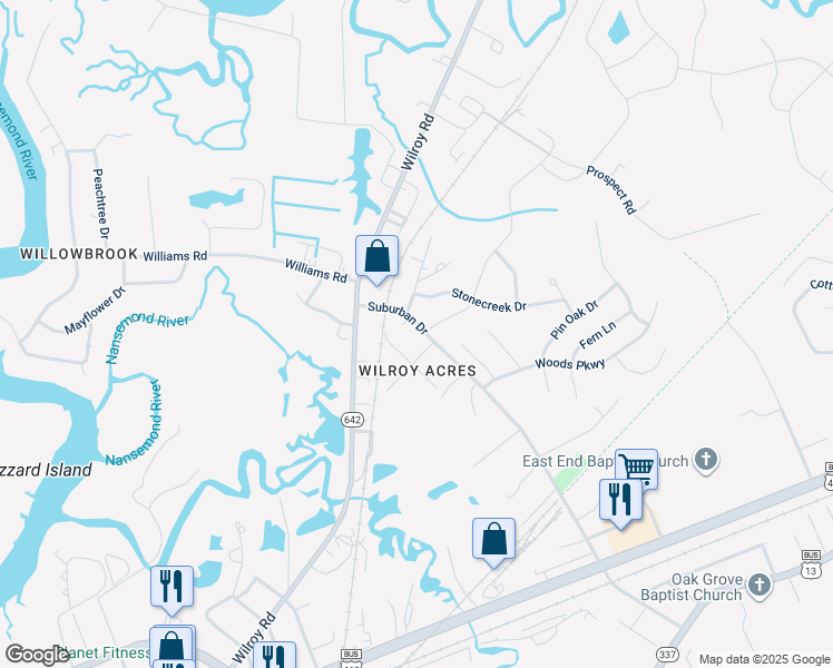 map of restaurants, bars, coffee shops, grocery stores, and more near 321 Suburban Drive in Suffolk