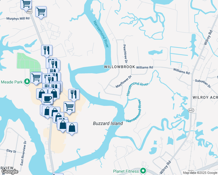 map of restaurants, bars, coffee shops, grocery stores, and more near 1204 River Road in Suffolk