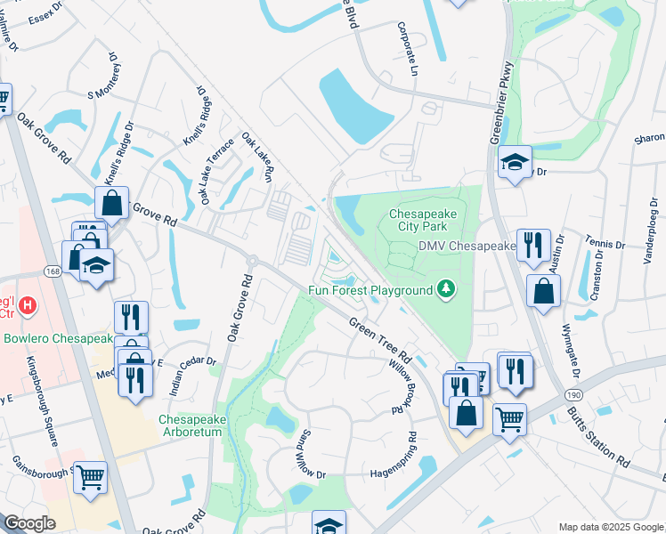 map of restaurants, bars, coffee shops, grocery stores, and more near 605 Mulberry Crescent in Chesapeake