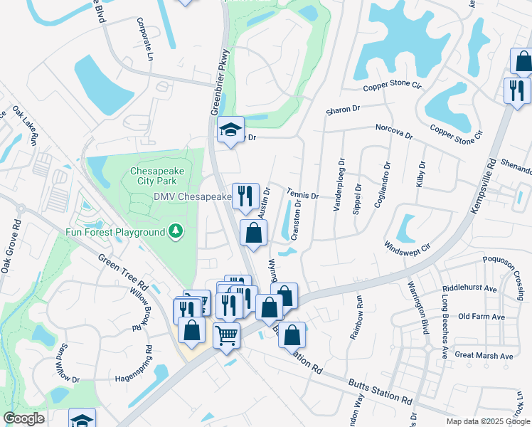 map of restaurants, bars, coffee shops, grocery stores, and more near 1017 Austin Drive in Chesapeake