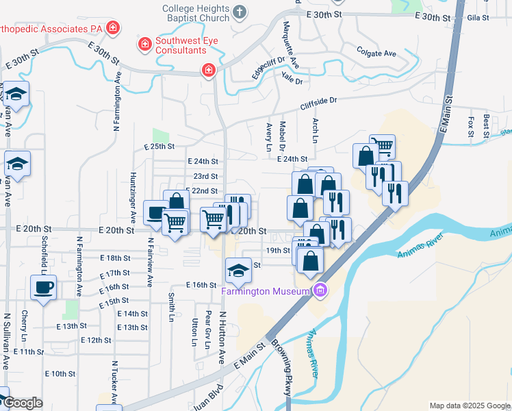 map of restaurants, bars, coffee shops, grocery stores, and more near 2909 East 22nd Street in Farmington