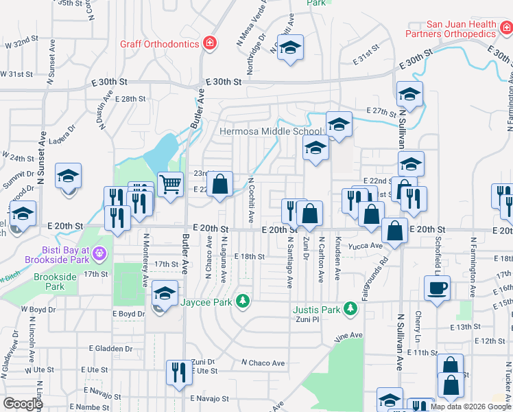 map of restaurants, bars, coffee shops, grocery stores, and more near 2200-2202 North Cochiti Avenue in Farmington