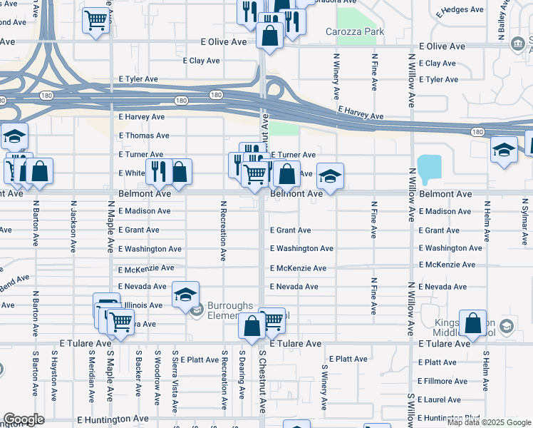 map of restaurants, bars, coffee shops, grocery stores, and more near 4805 East Madison Avenue in Fresno