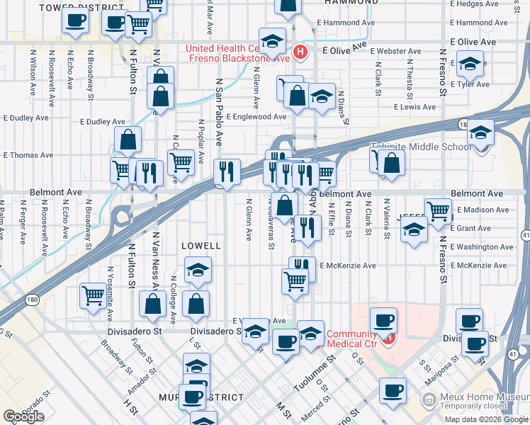 map of restaurants, bars, coffee shops, grocery stores, and more near 474 North Glenn Avenue in Fresno