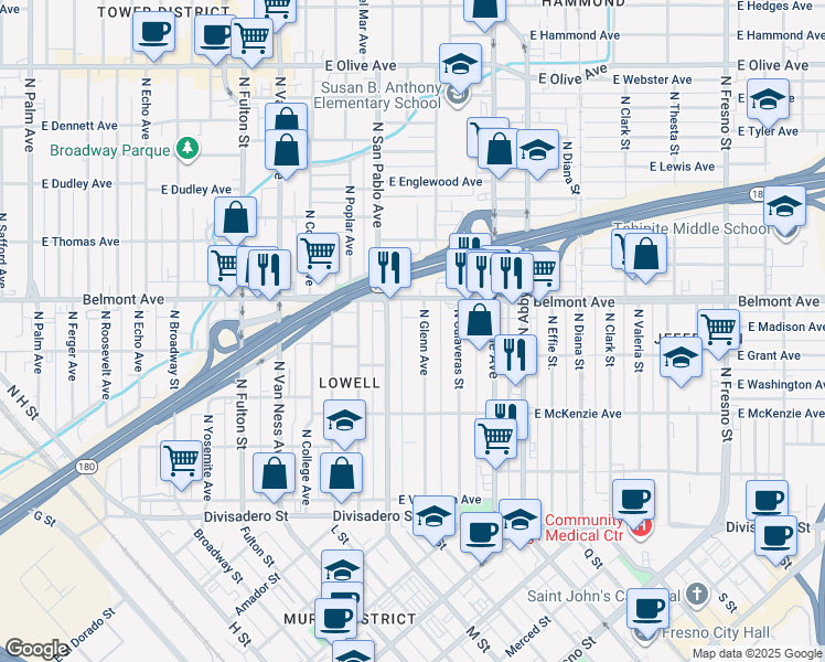 map of restaurants, bars, coffee shops, grocery stores, and more near 474 North Glenn Avenue in Fresno