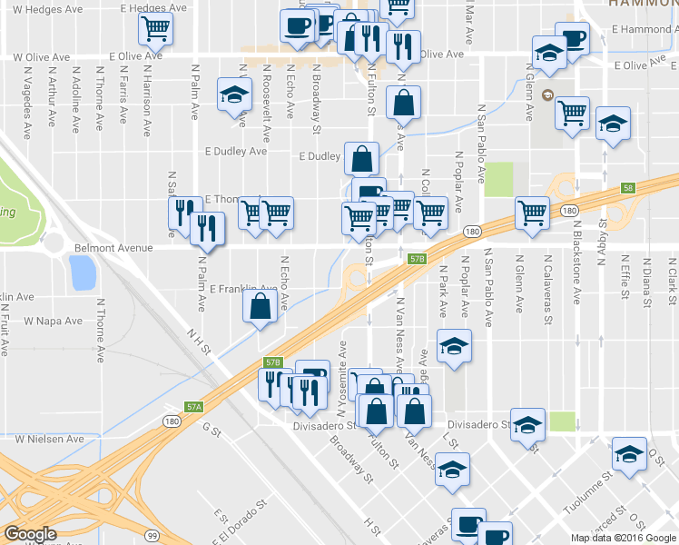 map of restaurants, bars, coffee shops, grocery stores, and more near 740 East Belmont Avenue in Fresno