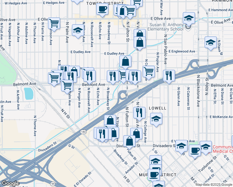 map of restaurants, bars, coffee shops, grocery stores, and more near 740 East Belmont Avenue in Fresno