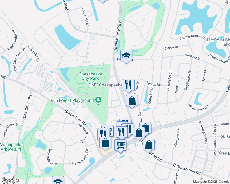 map of restaurants, bars, coffee shops, grocery stores, and more near 516 Windward Drive in Chesapeake