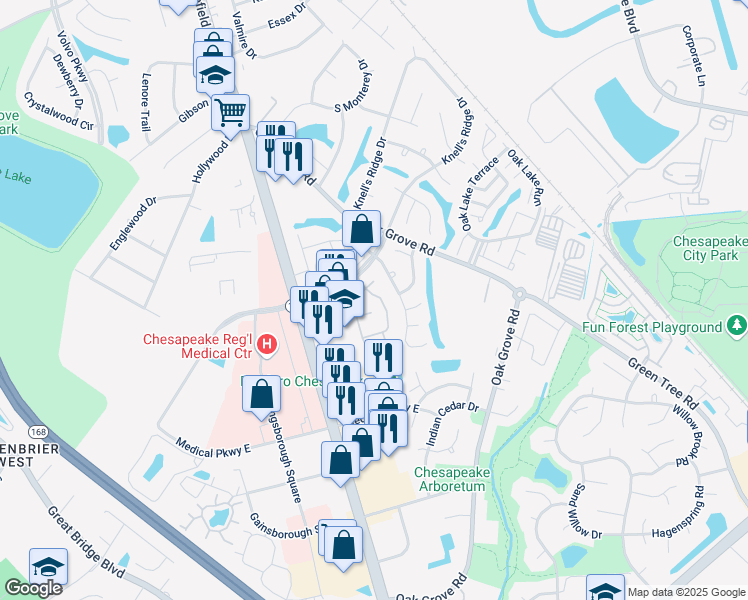 map of restaurants, bars, coffee shops, grocery stores, and more near 820 Nottaway Drive in Chesapeake