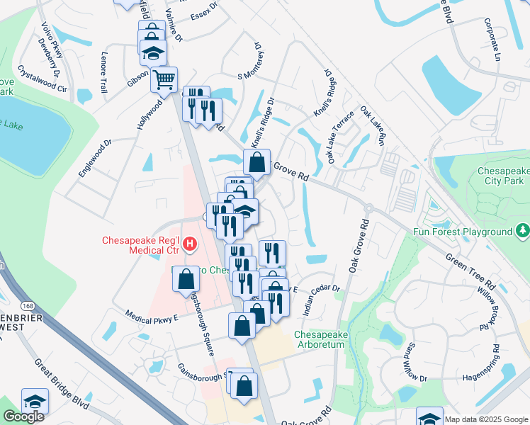 map of restaurants, bars, coffee shops, grocery stores, and more near 820 Nottaway Drive in Chesapeake
