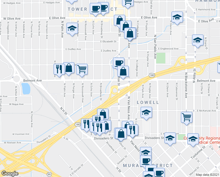 map of restaurants, bars, coffee shops, grocery stores, and more near 423 North Yosemite Avenue in Fresno