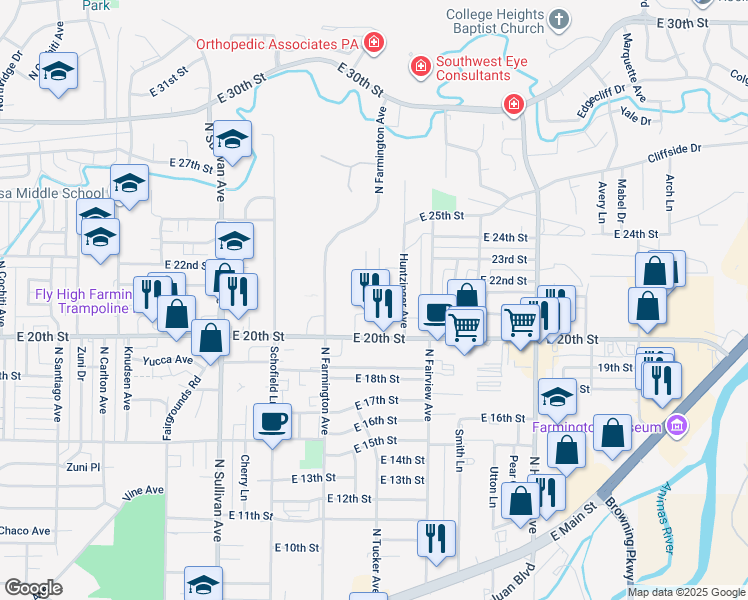 map of restaurants, bars, coffee shops, grocery stores, and more near 2014 North Tucker Avenue in Farmington
