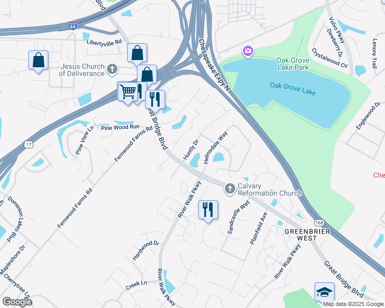 map of restaurants, bars, coffee shops, grocery stores, and more near 623 Huntly Drive in Chesapeake