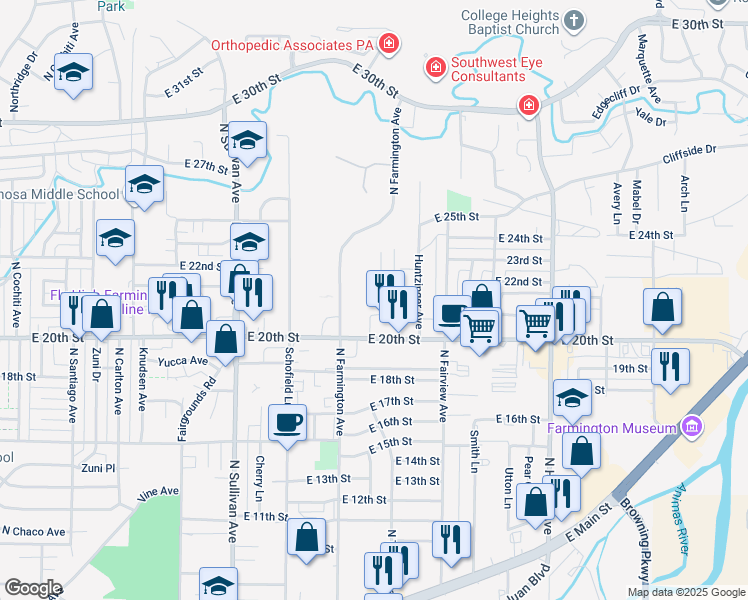 map of restaurants, bars, coffee shops, grocery stores, and more near 2105 North Tucker Avenue in Farmington