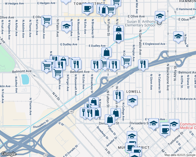 map of restaurants, bars, coffee shops, grocery stores, and more near 740 East Belmont Avenue in Fresno