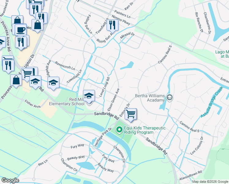 map of restaurants, bars, coffee shops, grocery stores, and more near 2517 Locust Grove Lane in Virginia Beach