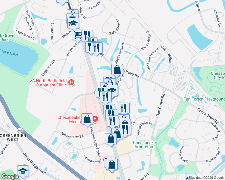 map of restaurants, bars, coffee shops, grocery stores, and more near 602 Ridge Circle in Chesapeake