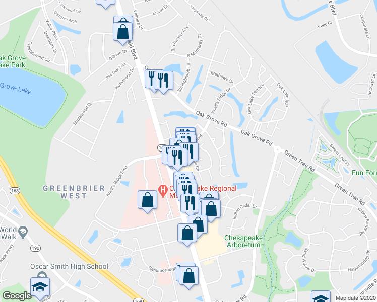 map of restaurants, bars, coffee shops, grocery stores, and more near 602 Ridge Circle in Chesapeake