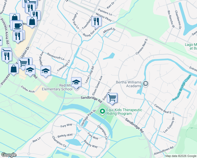map of restaurants, bars, coffee shops, grocery stores, and more near 2517 Locust Grove Lane in Virginia Beach