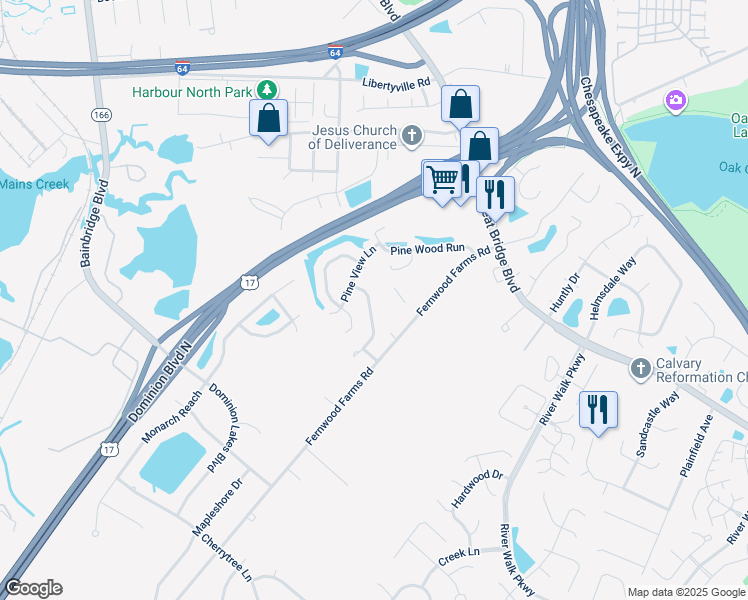 map of restaurants, bars, coffee shops, grocery stores, and more near 475 Cobblewood Bend in Chesapeake