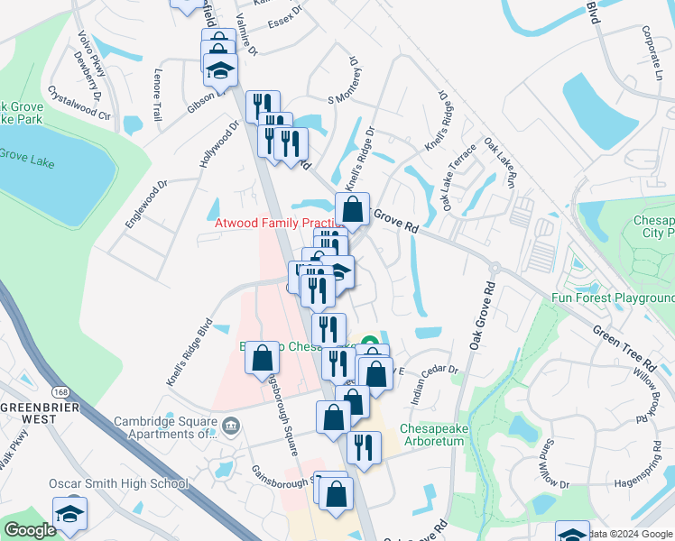map of restaurants, bars, coffee shops, grocery stores, and more near 602 Ridge Circle in Chesapeake