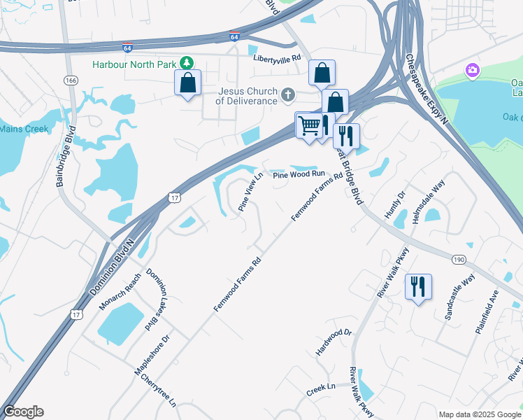 map of restaurants, bars, coffee shops, grocery stores, and more near 475 Cobblewood Bend in Chesapeake