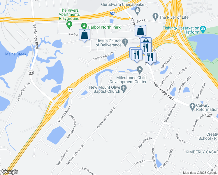 map of restaurants, bars, coffee shops, grocery stores, and more near 819 Pine View Lane in Chesapeake