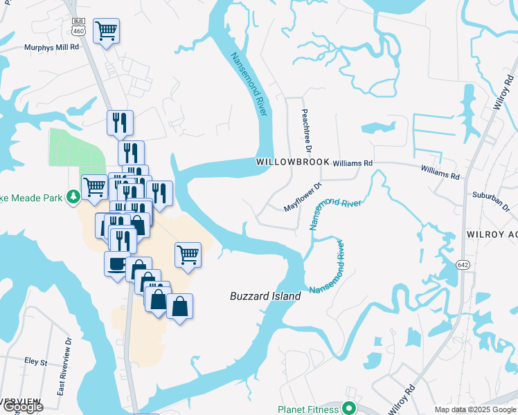 map of restaurants, bars, coffee shops, grocery stores, and more near 1204 River Road in Suffolk