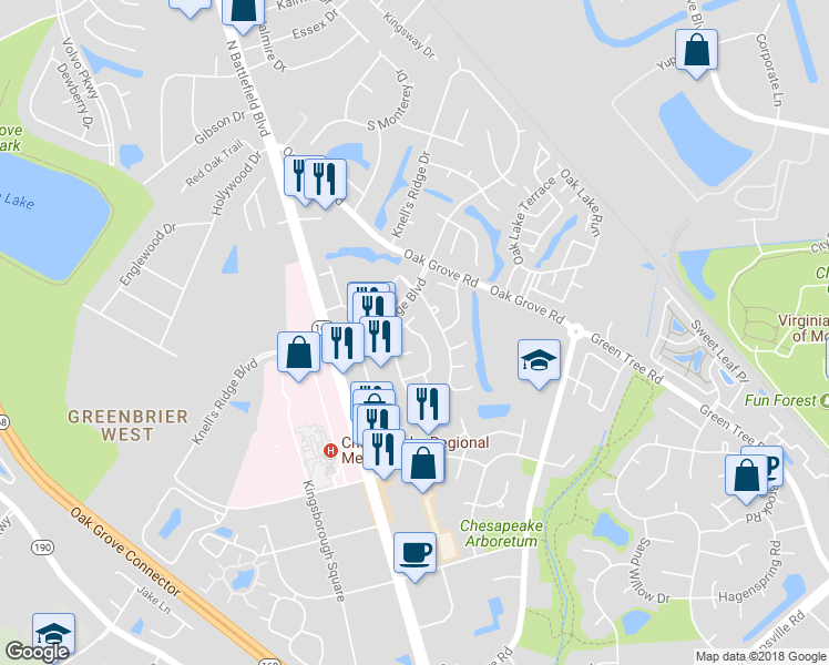 map of restaurants, bars, coffee shops, grocery stores, and more near 798 Ridge Circle in Chesapeake