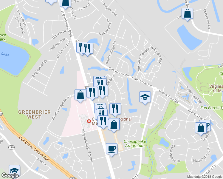 map of restaurants, bars, coffee shops, grocery stores, and more near Ridge Circle in Chesapeake