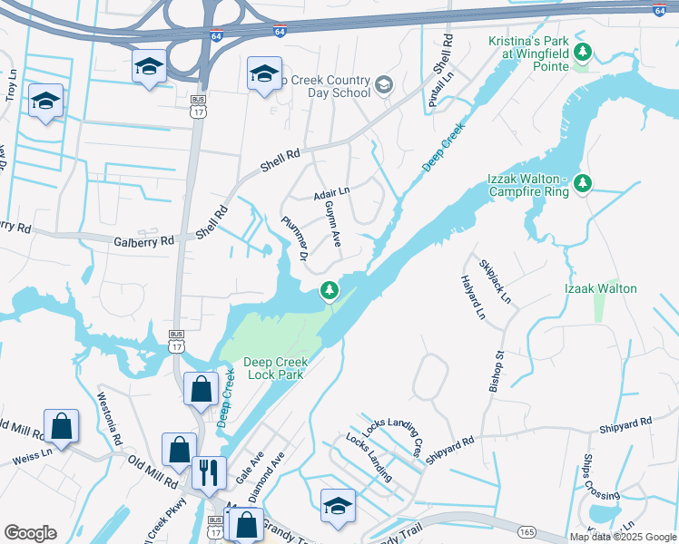 map of restaurants, bars, coffee shops, grocery stores, and more near 400 Plummer Drive in Chesapeake