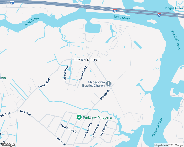 map of restaurants, bars, coffee shops, grocery stores, and more near 1613 Estuary Court in Chesapeake