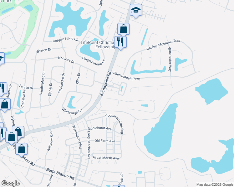 map of restaurants, bars, coffee shops, grocery stores, and more near 1401 Sommerton Way in Chesapeake