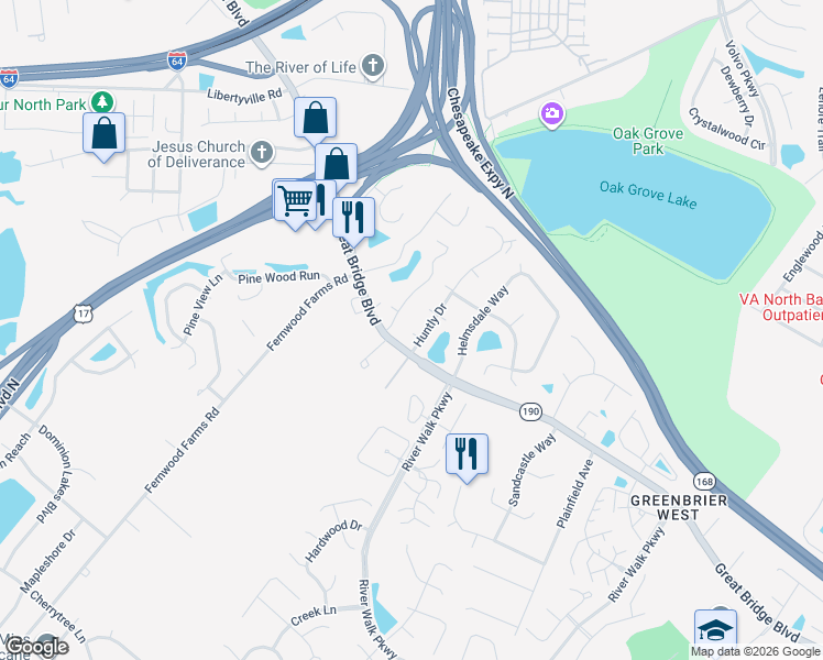 map of restaurants, bars, coffee shops, grocery stores, and more near 505 Rue Marseille in Chesapeake