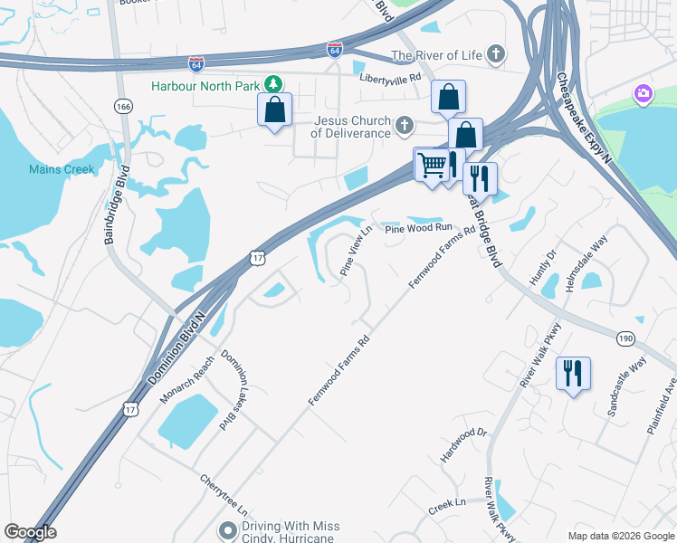 map of restaurants, bars, coffee shops, grocery stores, and more near 414 Cobblewood Arch in Chesapeake
