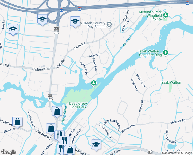 map of restaurants, bars, coffee shops, grocery stores, and more near 400 Plummer Drive in Chesapeake