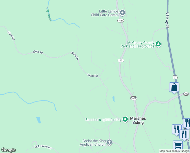 map of restaurants, bars, coffee shops, grocery stores, and more near Fanchester Spur in Whitley City