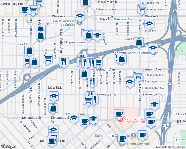 map of restaurants, bars, coffee shops, grocery stores, and more near 1704 East Belmont Avenue in Fresno