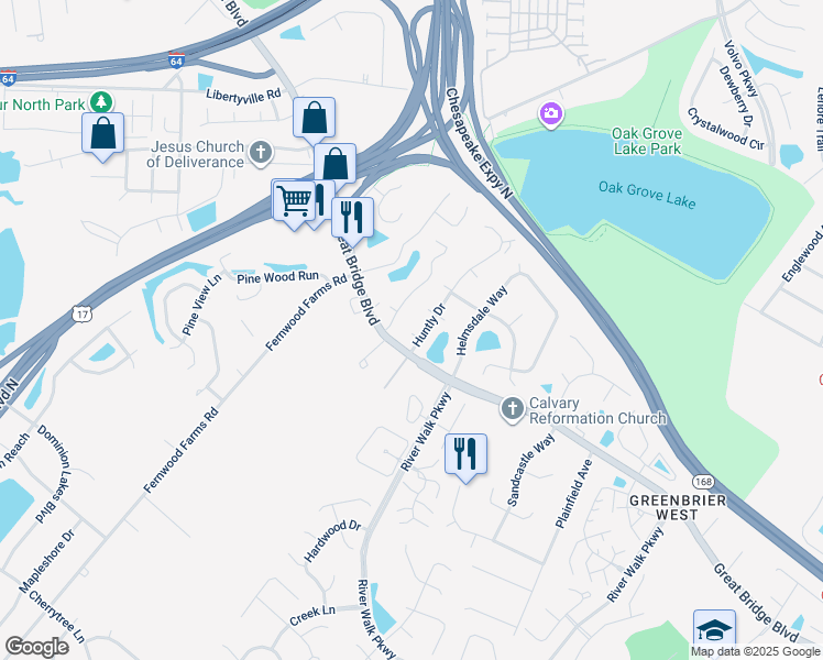 map of restaurants, bars, coffee shops, grocery stores, and more near 505 Rue Marseille in Chesapeake